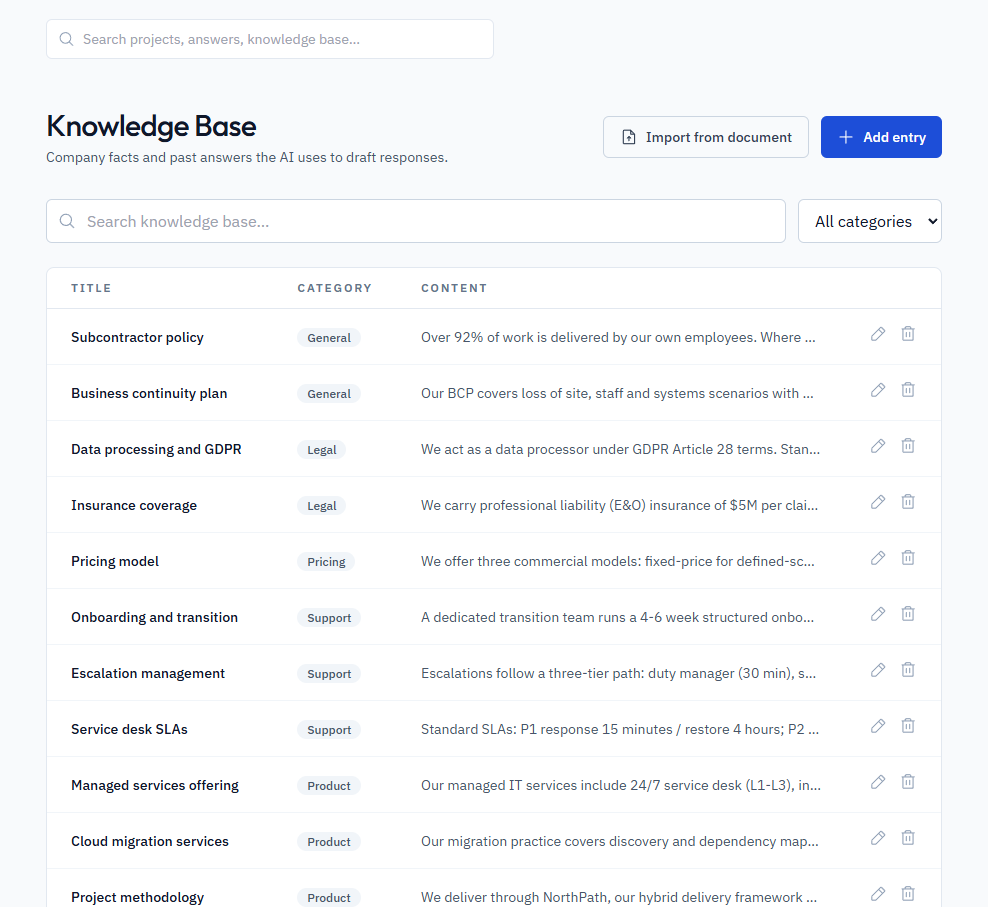 RFPilot Wissensdatenbank mit kategorisierten Unternehmensantworten, Suche und Dokumentenimport RFPilot Wissensdatenbank mit kategorisierten Unternehmensantworten, Suche und Dokumentenimport