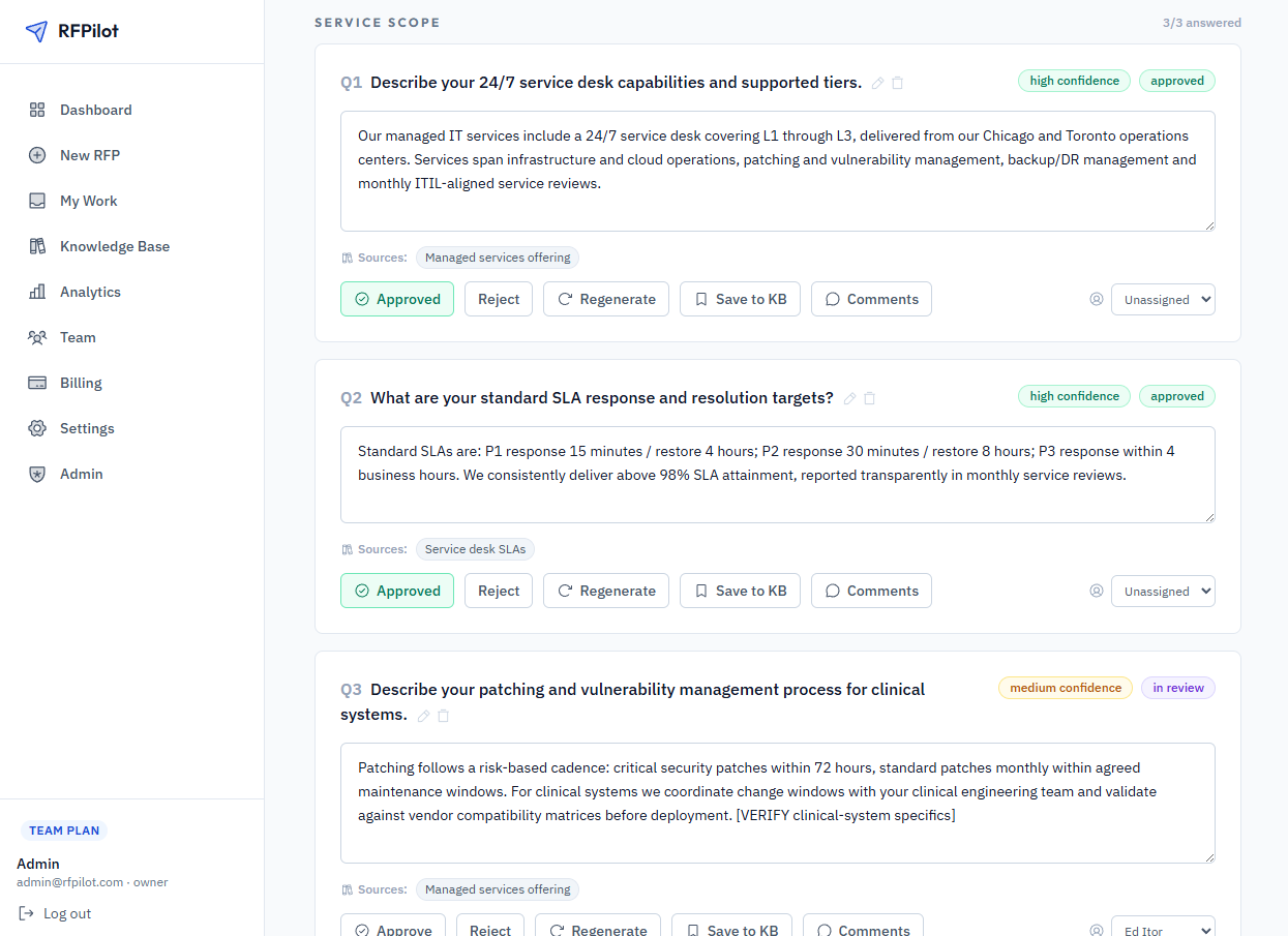 RFPilot answer review screen with confidence badges, source citations and approve, reject, regenerate and assign actions